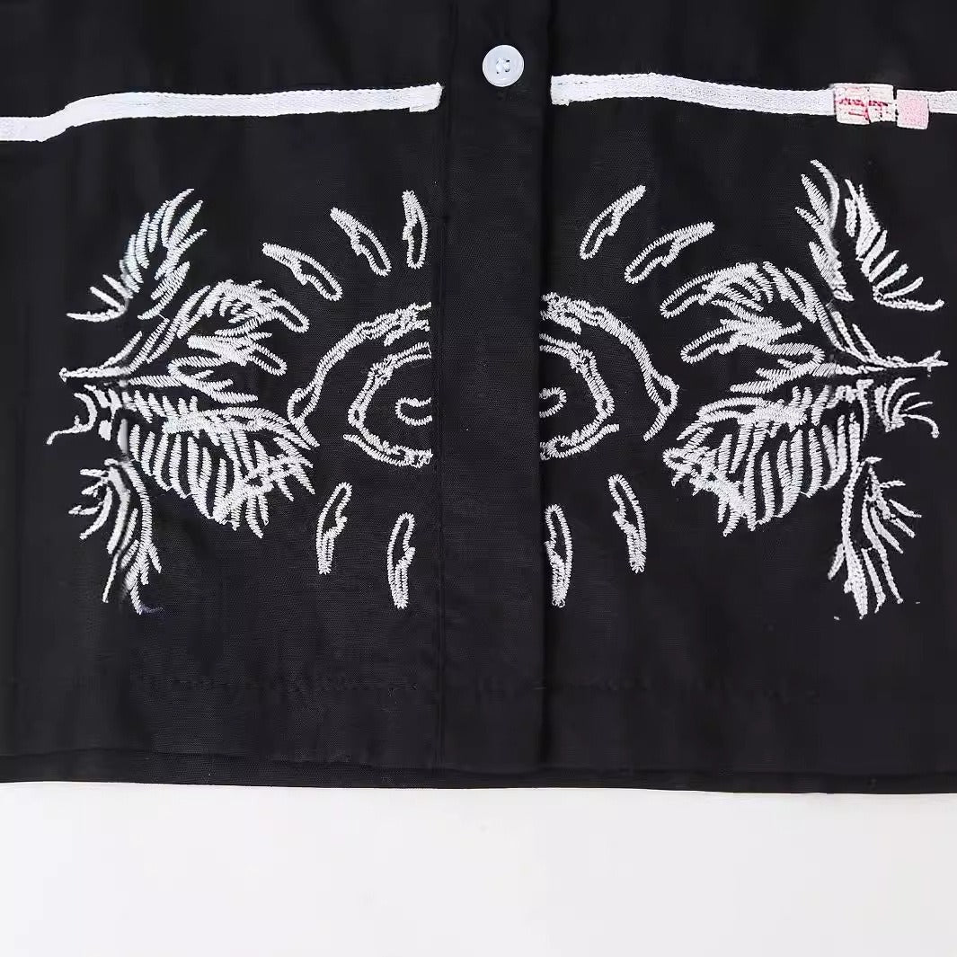 European and American summer new style fashionable lapel short sleeved black single breasted loose shirt