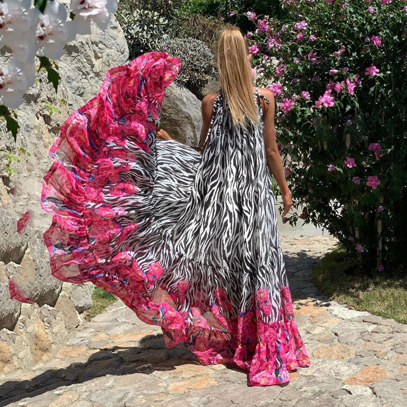 Casual Printed Loose Large Hem Dress Sexy Sleeveless Lady Beach Maxi Dress Summer Fashion Elegant Boho Dresses
