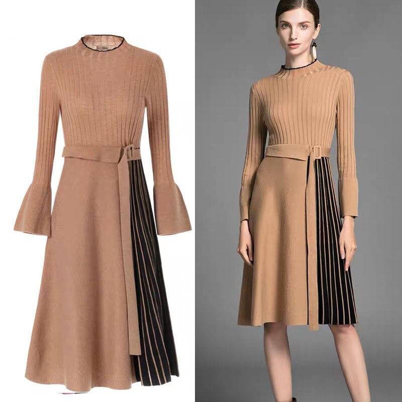 Elegante midi-jurk met gestreepte patchwork ceintuur en lange uitlopende mouwen