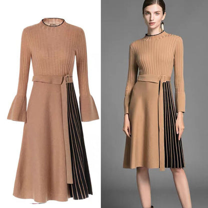 Elegante midi-jurk met gestreepte patchwork ceintuur en lange uitlopende mouwen