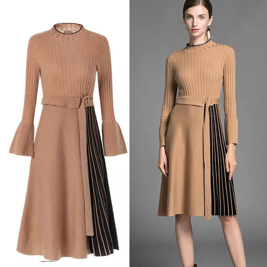 Elegante midi-jurk met gestreepte patchwork ceintuur en lange uitlopende mouwen
