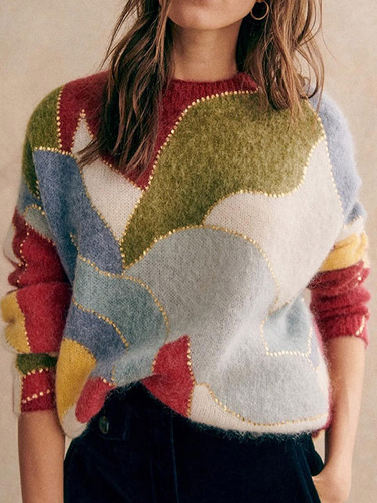 Colorful Patchwork Sequin Sweater for Women Fashion Loose Long Sleeve O-neck Lady Knit Pullovers Autumn Winter Female Jumpers