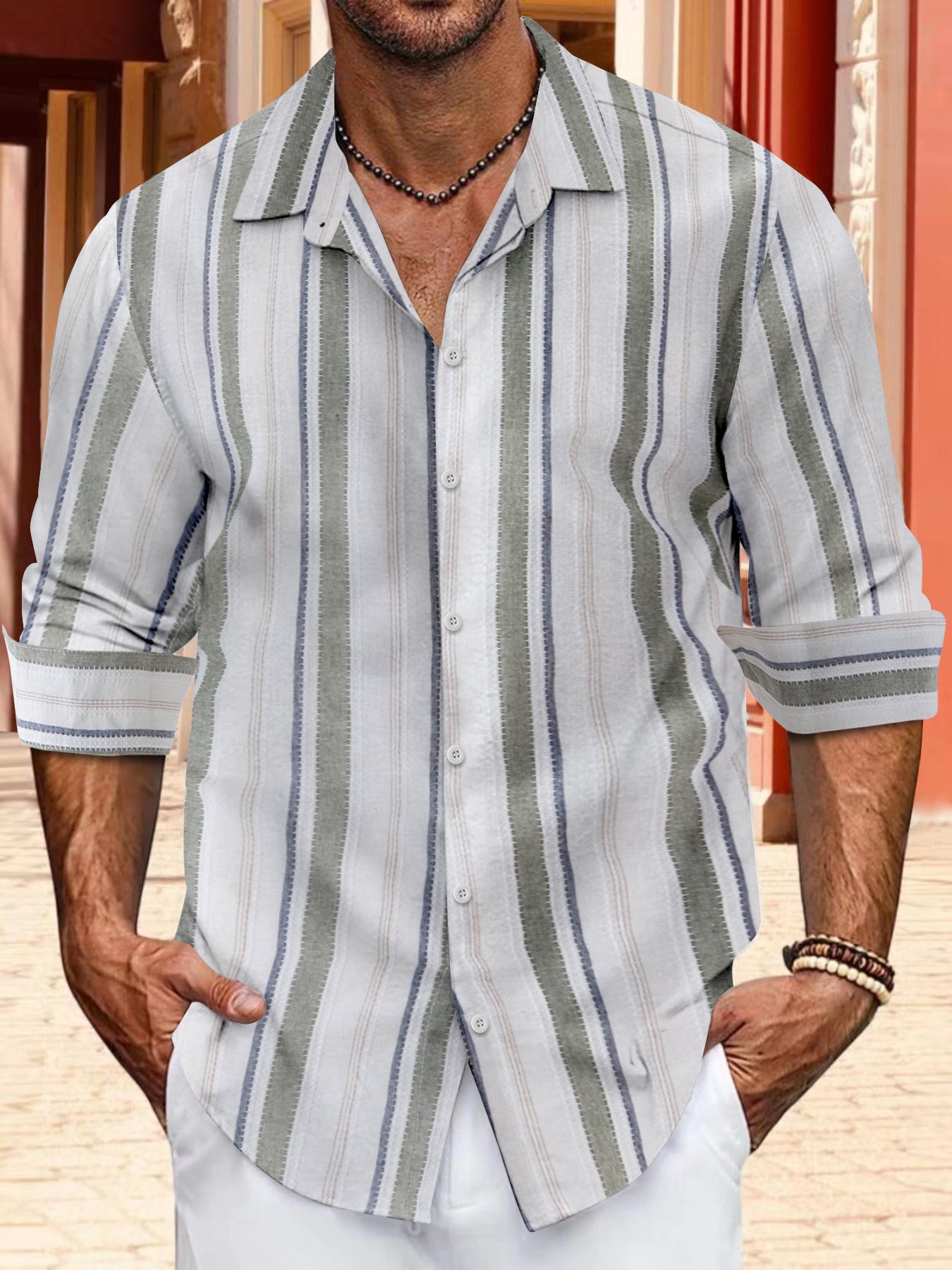 Color woven striped cotton linen button men's lapel long sleeved shirt