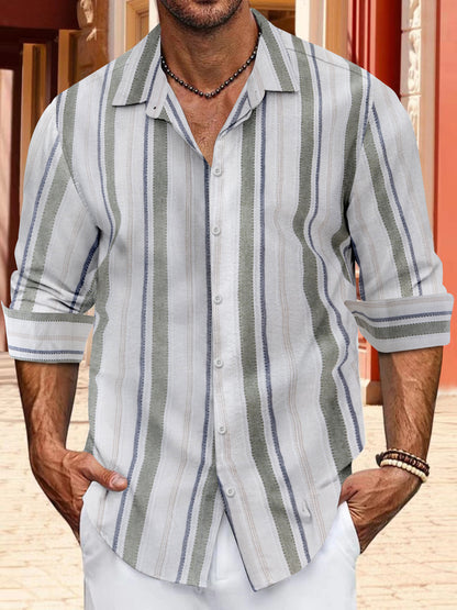 Color woven striped cotton linen button men's lapel long sleeved shirt