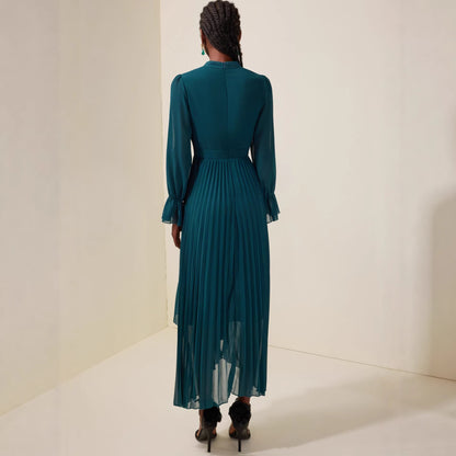 Pleated Midi Dress with Long Sleeves, Elegant Fashion Women's Dress