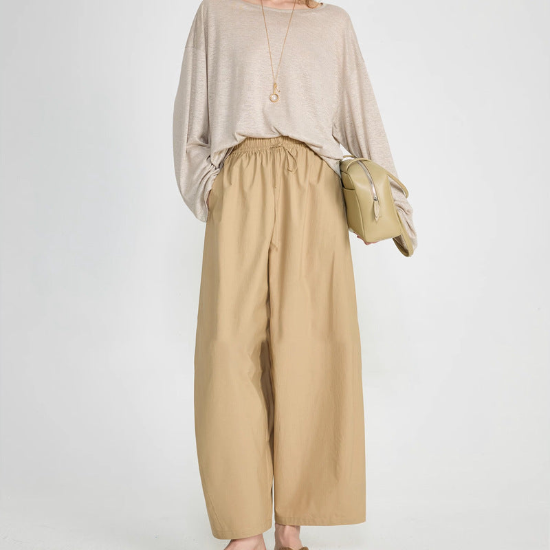 Casual Split Arc Eight-Part Balloon Pants with Drawstring Elastic Waist, Lightweight Silk and Pima Cotton Blend, Versatile Fit