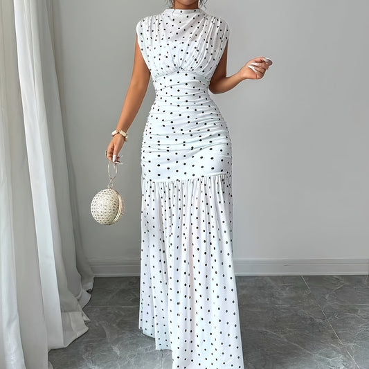 Fashionable Polka Dot Pleated Fitted Elegant Sleeveless Long Dress for Women