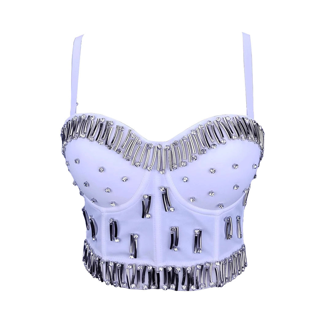 Fishbone Bustier  for Women Handmade Rhinestone Wrap Bra Fitted Elegant Mini Strap Camisole
