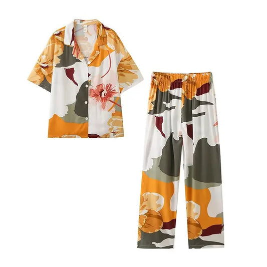 Women Fashion Printed Lapel Blouses And High Elastic Waist Straight Pants 2piece Sets Female Turn Down Collar Loose Shirt Set