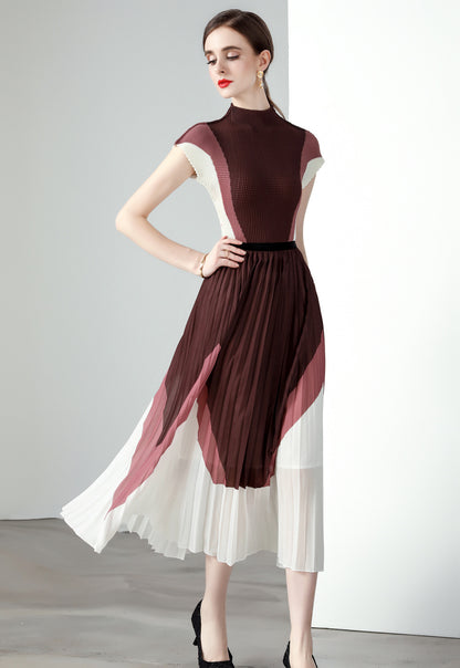 Summer Pleated Two Piece Sets For Women Mock Neck Short Sleeve Print Top Elastic Waist Loose Skirt Female Set
