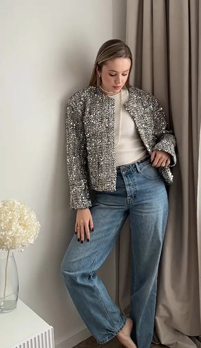 Elegante zilveren cropped jas met pailletten en chique ronde hals