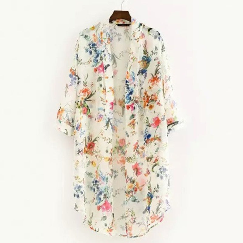 Spring And Summer New Fashion Chiffon Print Mid Length Women's Cardigan Short Sleeve Beach Sunscreen