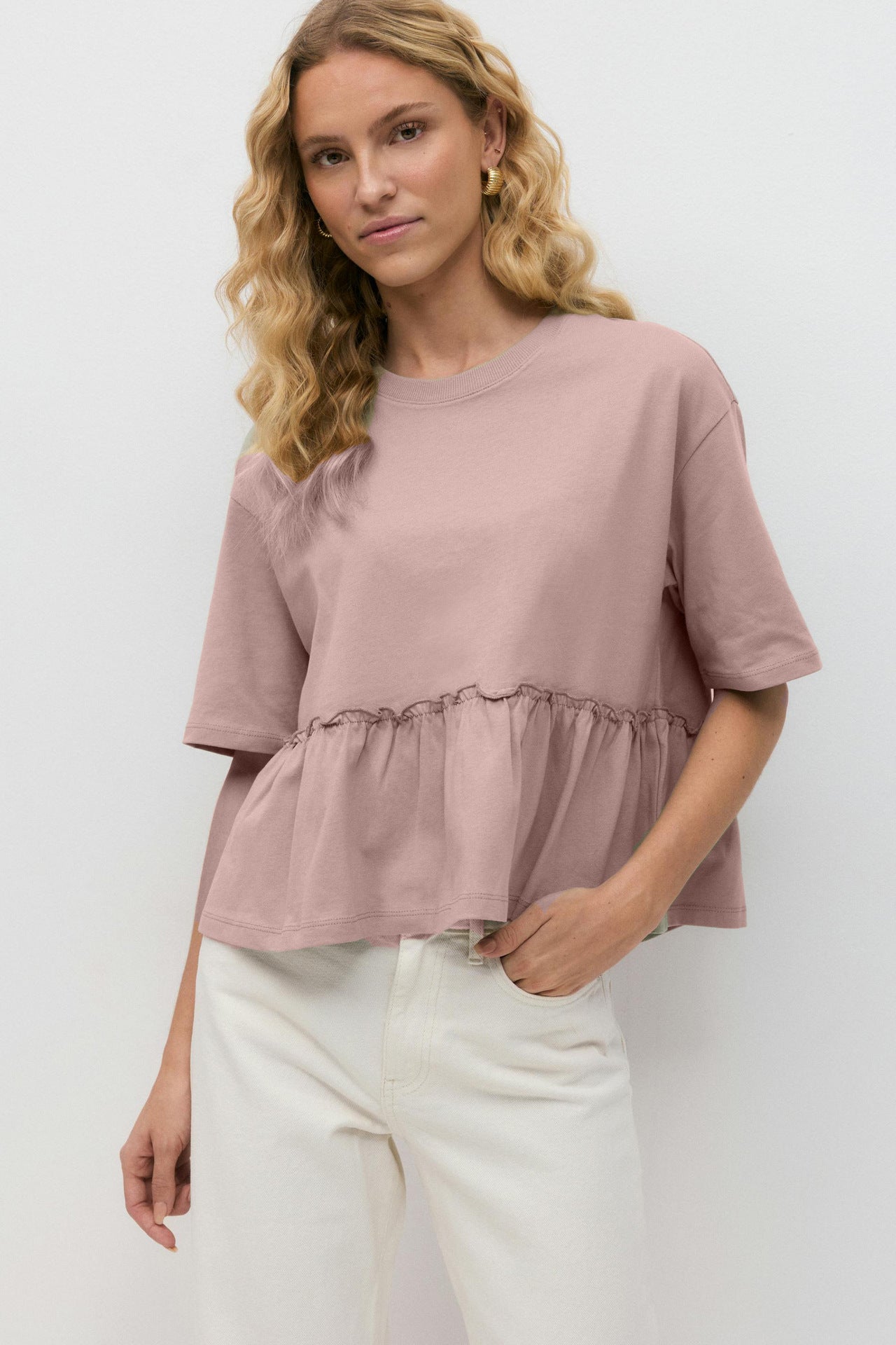 Style Pure Cotton Round Neck Pleated T-Shirt Women's Soft Loose Casual Versatile Top