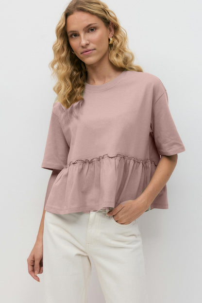 Style Pure Cotton Round Neck Pleated T-Shirt Women's Soft Loose Casual Versatile Top