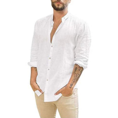 Men's Retro Standing Collar Cardigan, New Casual Long Sleeved Cotton Linen Solid Color Shirt, Men'S Shirt, Men'S Shirt