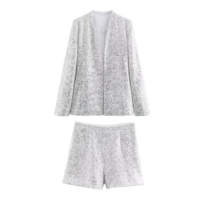 Summer New casual women's V-neck long sleeved sequined suit jacket casual high waisted shorts set