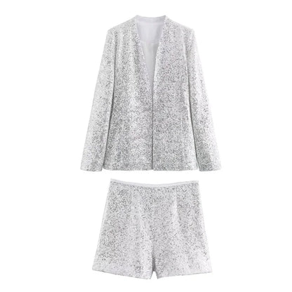 Summer New casual women's V-neck long sleeved sequined suit jacket casual high waisted shorts set