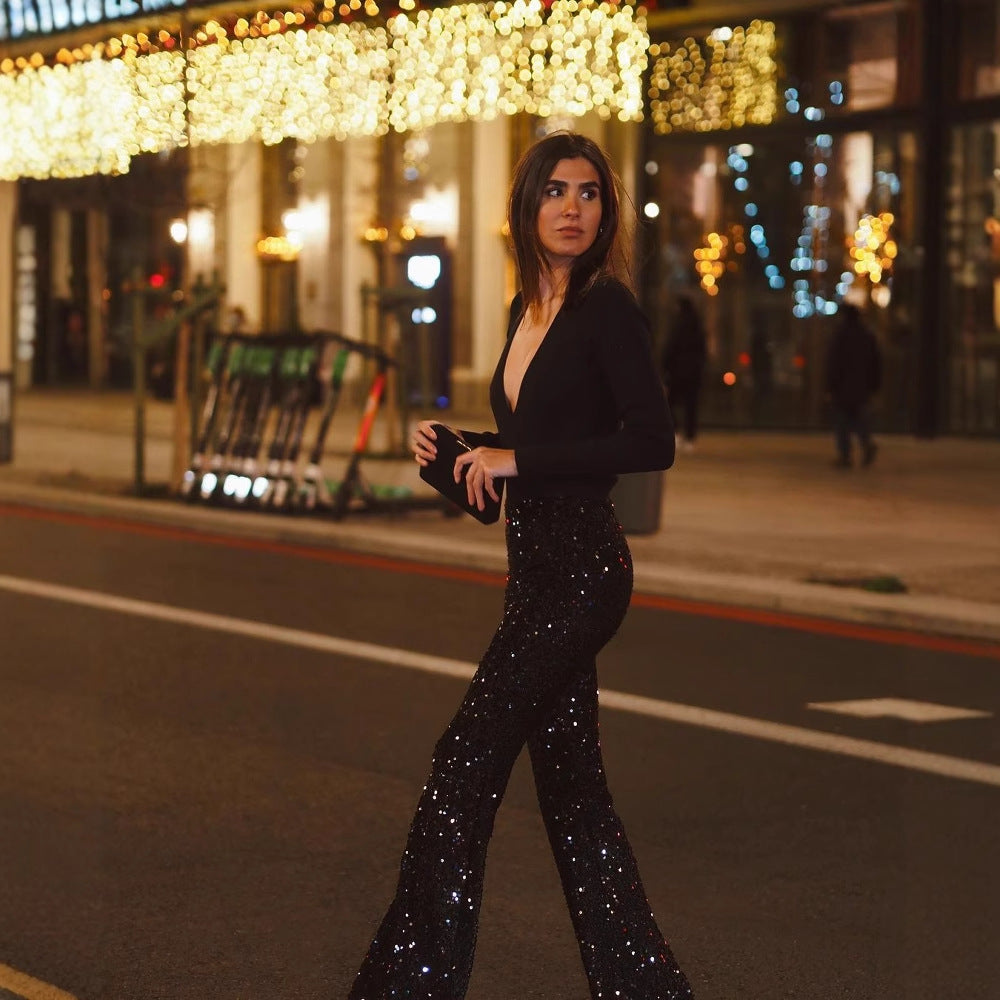 Women's V-neck Padded Shoulder Jumpsuit
