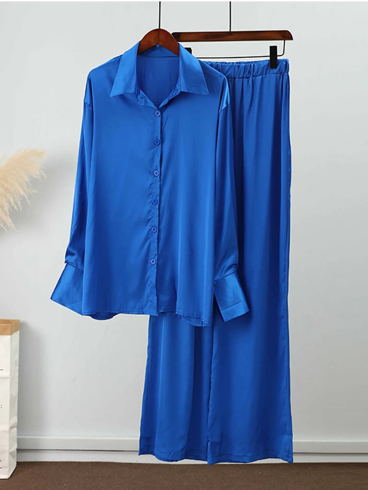 Elegant Satin Women's Matching Sets Casual Long Sleeve Shirt Straight Pants Suit Female  Loose Solid Tops Two Pieces Outfits