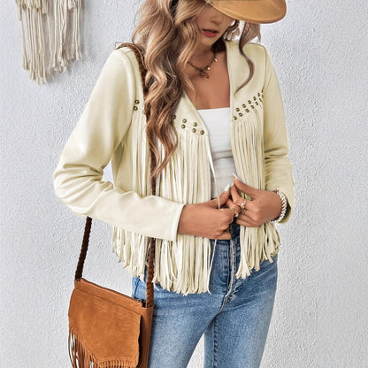 Elegant Solid Color Tassel Trimmed Front-Opening Jacket for Women