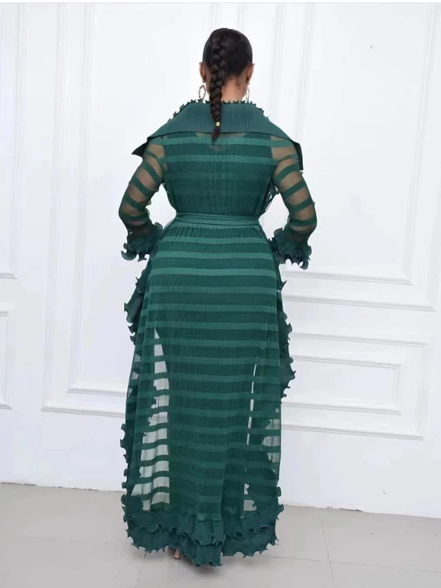 Heavy Industry Pleated Set Solid Flounced Edge Full Sleeved Sexy Evening Party Two Piece Sets for Women