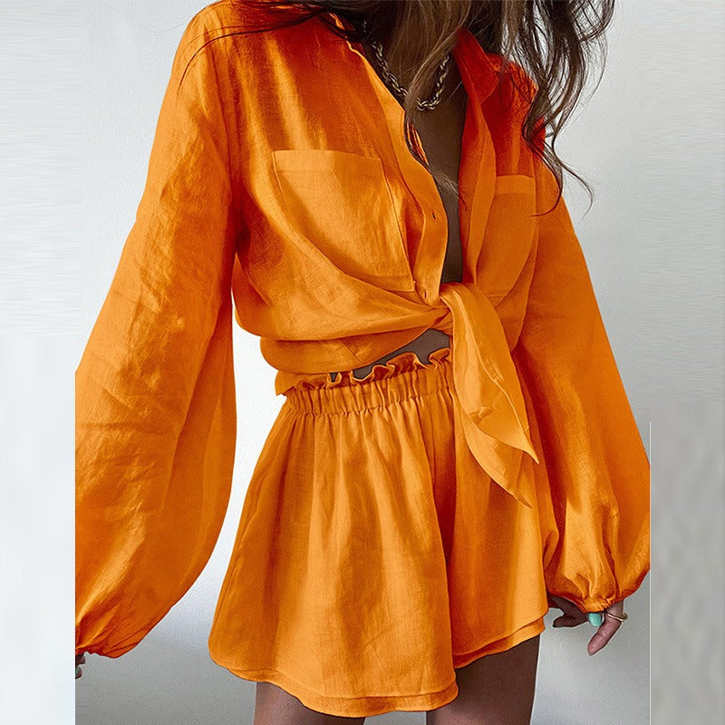 European and American casual summer solid color lace-up suit tops and shorts two-piece set