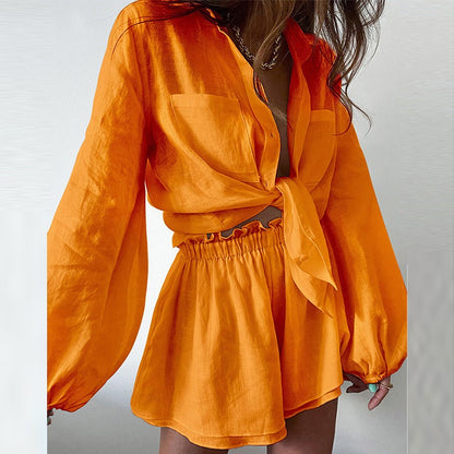 European and American casual summer solid color lace-up suit tops and shorts two-piece set