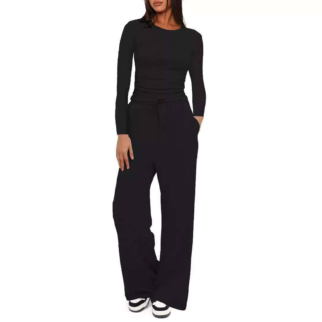Casual Solid Color Long Sleeve Top & High-Waisted Wide Leg Pants Set Sportswear