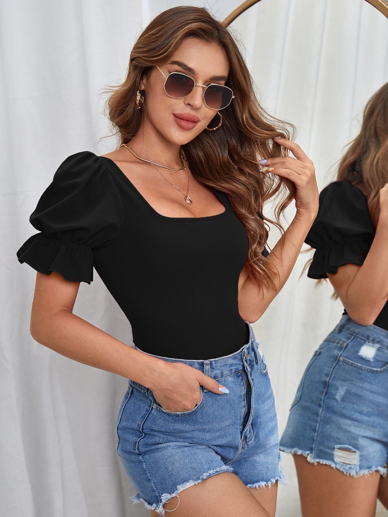 European and American style bubble sleeve jumpsuit summer fashion temperament slim fit sexy top for women