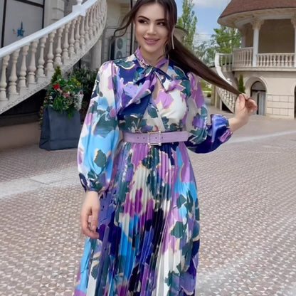 Printed Scarf Neck Elegant Design Dress Spring Fitted Waist New Puff Sleeve