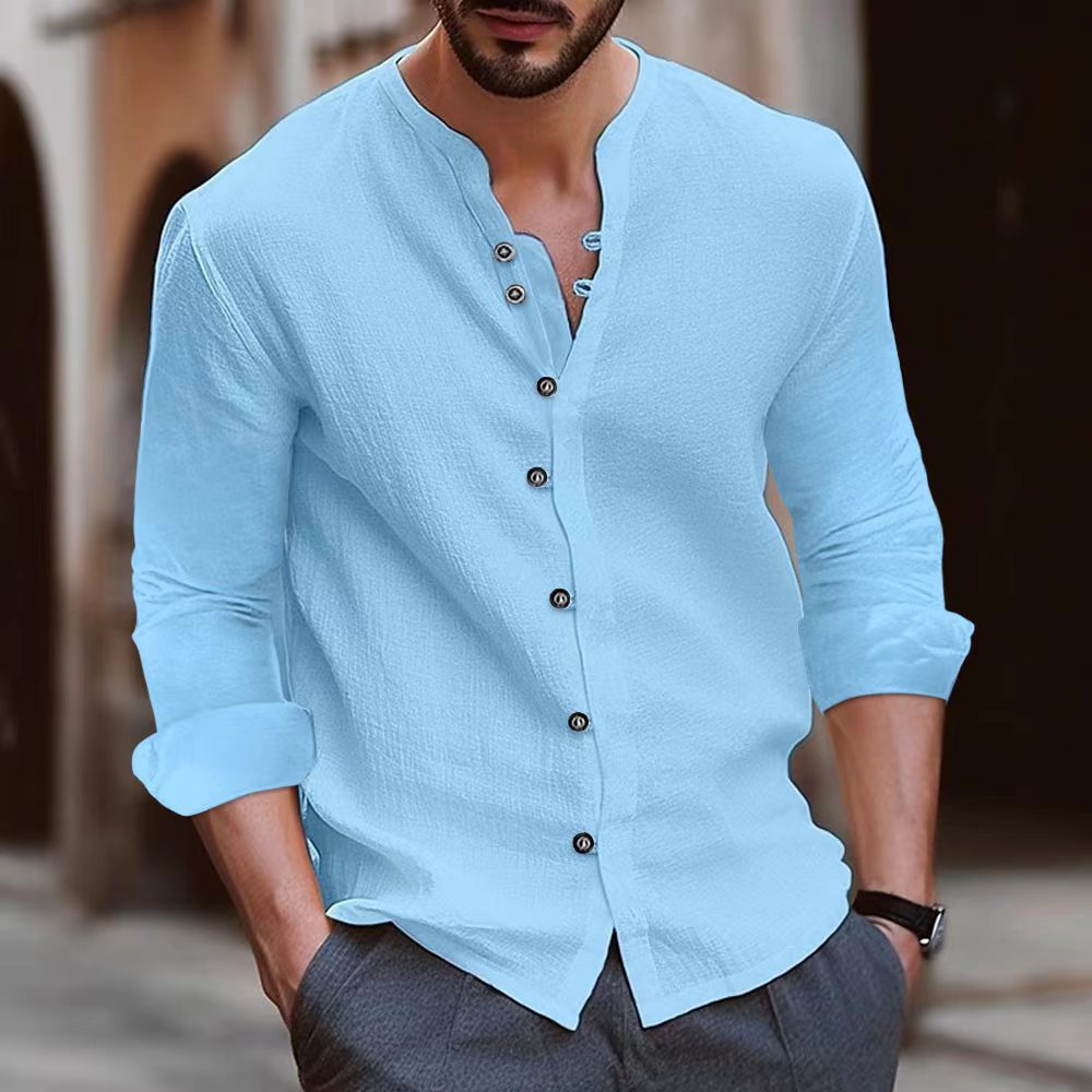 Men's retro cotton and linen casual loose long sleeved shirt