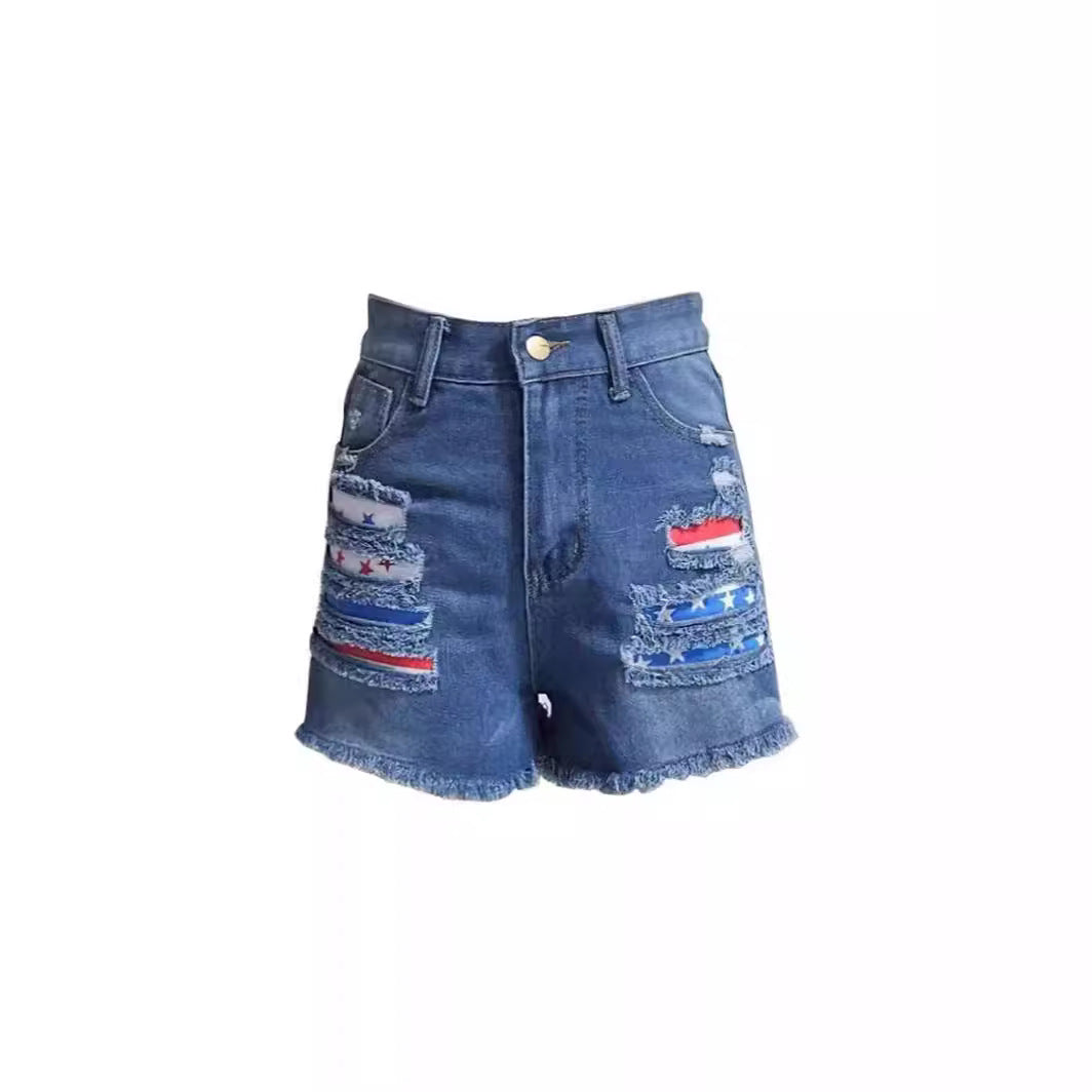 Loose patch casual denim shorts