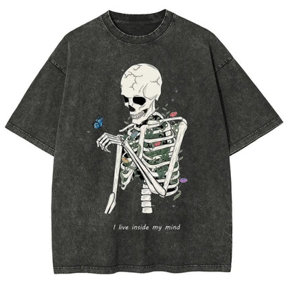 Hot Selling Summer Hip Hop Street Trend Skull Print T-Shirt Summer Cotton Washed Vintage Aged Short Sleeve