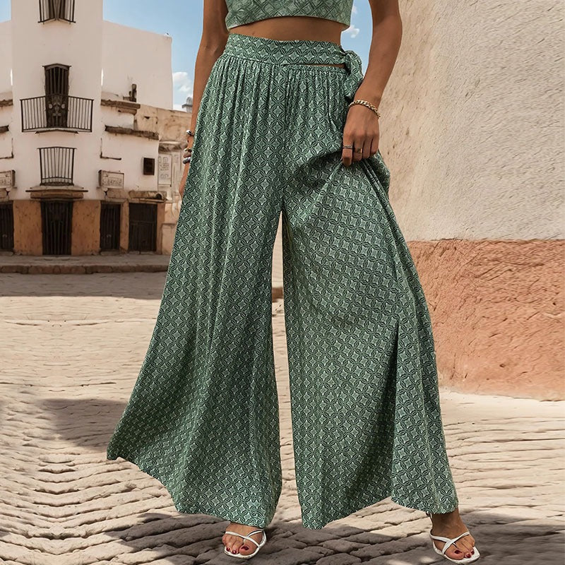 New European and American summer women's clothing ethnic style printed wide leg pants with large horns