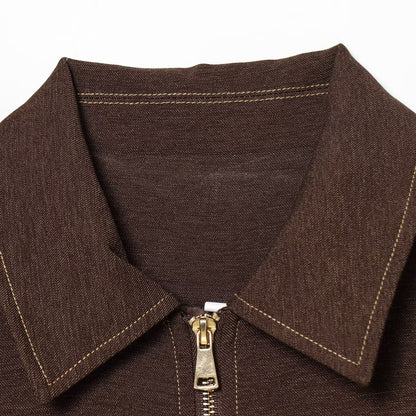 Collar zipper long sleeved flip pocket short jacket