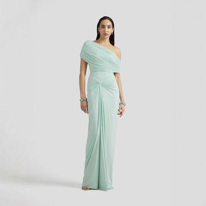 Chic Off-Shoulder Sleeveless High-Waisted Pleated Fitted Dress with Floor-Length Elegant Design