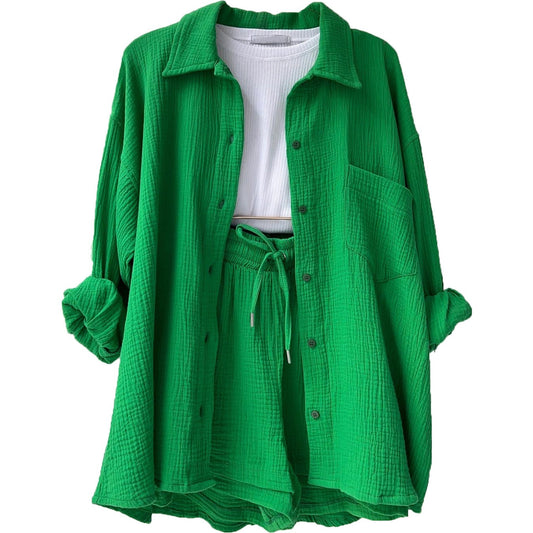 Women's wrinkled lapel long-sleeved shirt high-waisted drawstring shorts fashionable casual Casual two-piece set