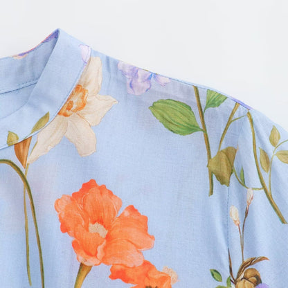 European and American summer new style round neck short sleeved blue printed waistband dress for women