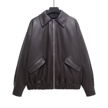PU-leren jack met ritssluiting zakken en elastische taille