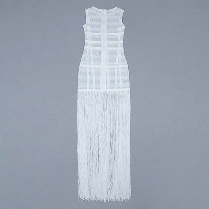 High Quality White Sleeveless Tassel Hollow Out Bodycon Rayon Bandage Dress Evening Party Sexy Dress