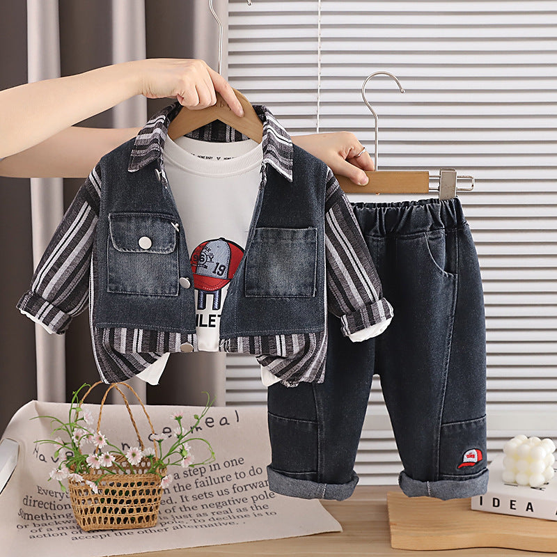 Striped patchwork denim long sleeved three piece set for men