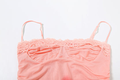 Sexy maxi-jurk met kant mesh spaghettibandjes en geplooide taille