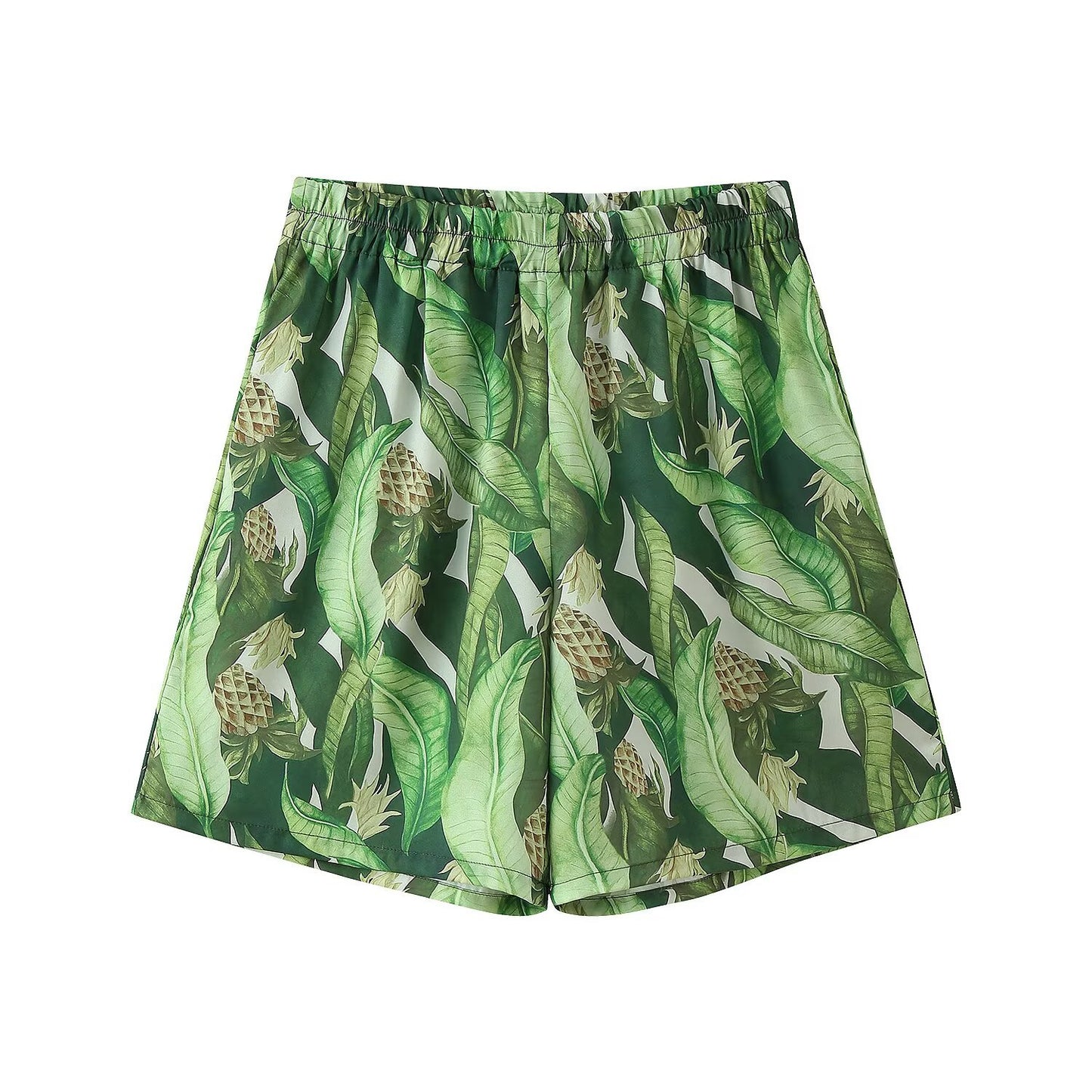 Women's Clothing Notched Collar Short Sleeve Satin Printed Shirt + Satin Printed Shorts Set