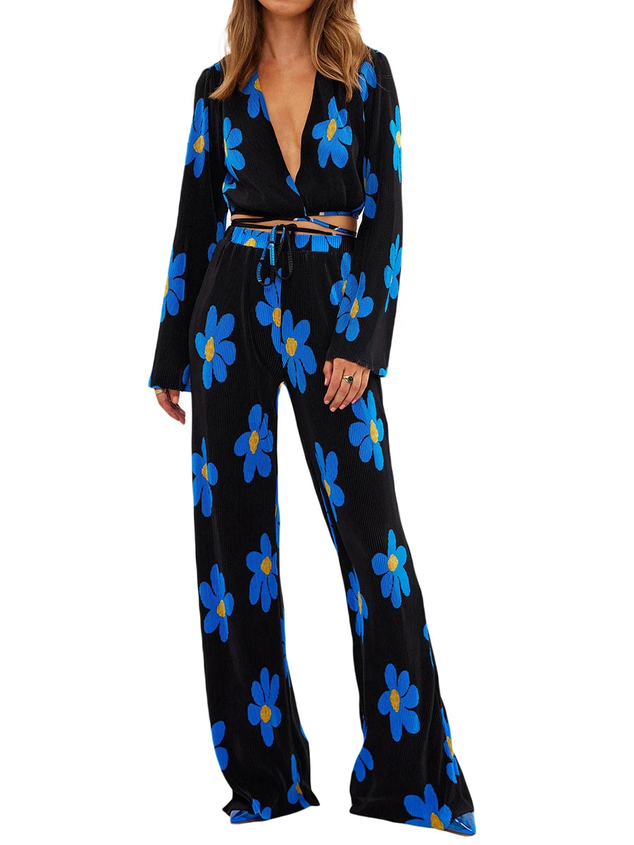 Floral Print Two-Piece Pants Suits Spring Summer Casual Women Pleated Sets Long Sleeve Tie Up Crop Tops+Loose Pants