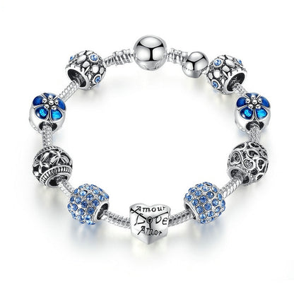 Silver Charm Bracelet & Bangle with Love and Flower Beads Women Wedding Jewelry