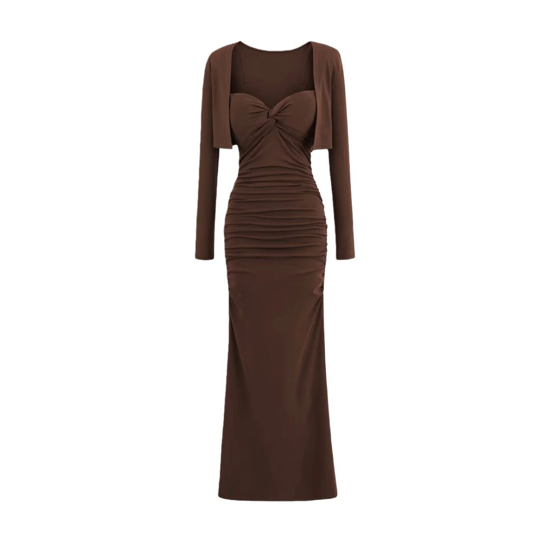 Vintage Sexy Knot Pleated Long Dress Design Slim Fit Bodycon Padded Dress with Cardigan Two-Piece Set