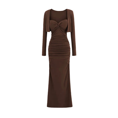 Vintage Sexy Knot Pleated Long Dress Design Slim Fit Bodycon Padded Dress with Cardigan Two-Piece Set