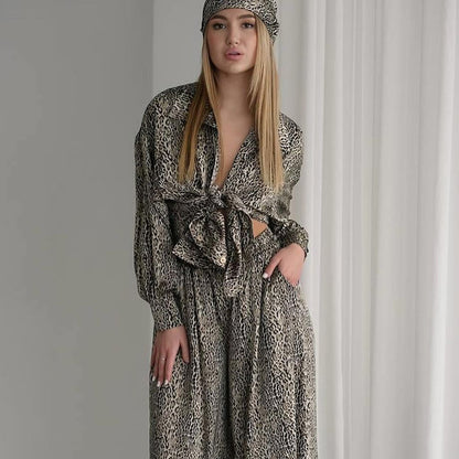 Style Summer Open Front Imitation Silk Leopard Print Long Sleeve Long Pants Loungewear Women's Fashion Loose Ice Silk Pajamas