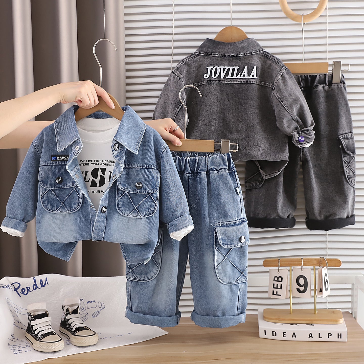 Casual clothing denim long sleeved three piece set