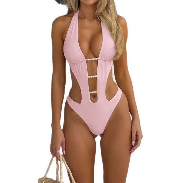 One-Piece Swimsuit for Women, Elegant Solid Color Cut-Out Swimwear